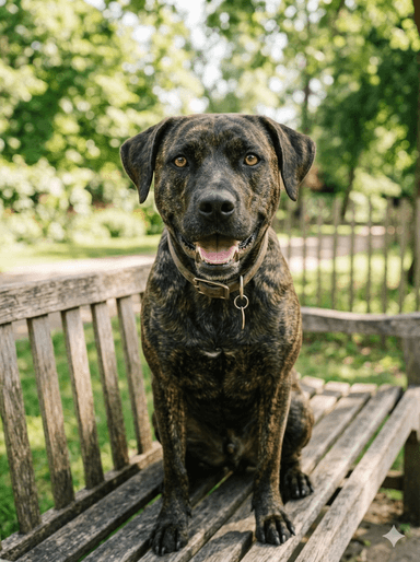 Dog sitting on a wooden bench